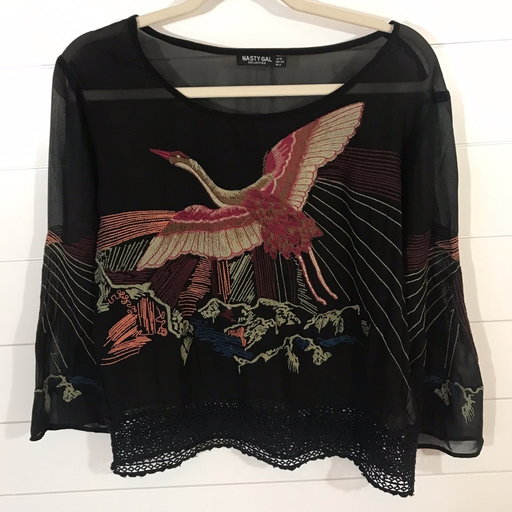 Nasty Gal Black Embroidered Bird Blouse Lace Hem
